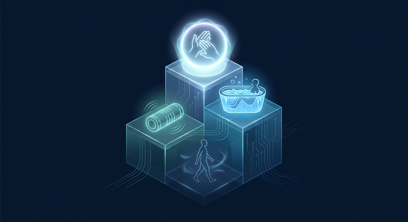Recovery priority pyramid with sleep at the base as most important then massage cold water immersion and compression garments with active recovery at the top as least impactful