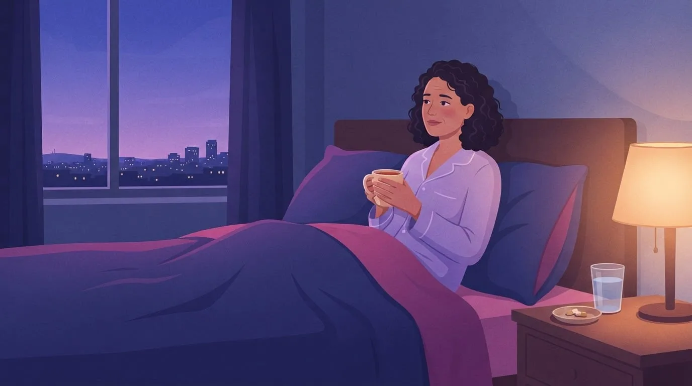 Eine Frau sitzt in der Dämmerung mit einer warmen Tasse im Bett, neben ihr leuchtet eine Lampe, und auf dem Nachttisch stehen ein Schälchen mit Ashwagandha-Kapseln und ein Glas Wasser
