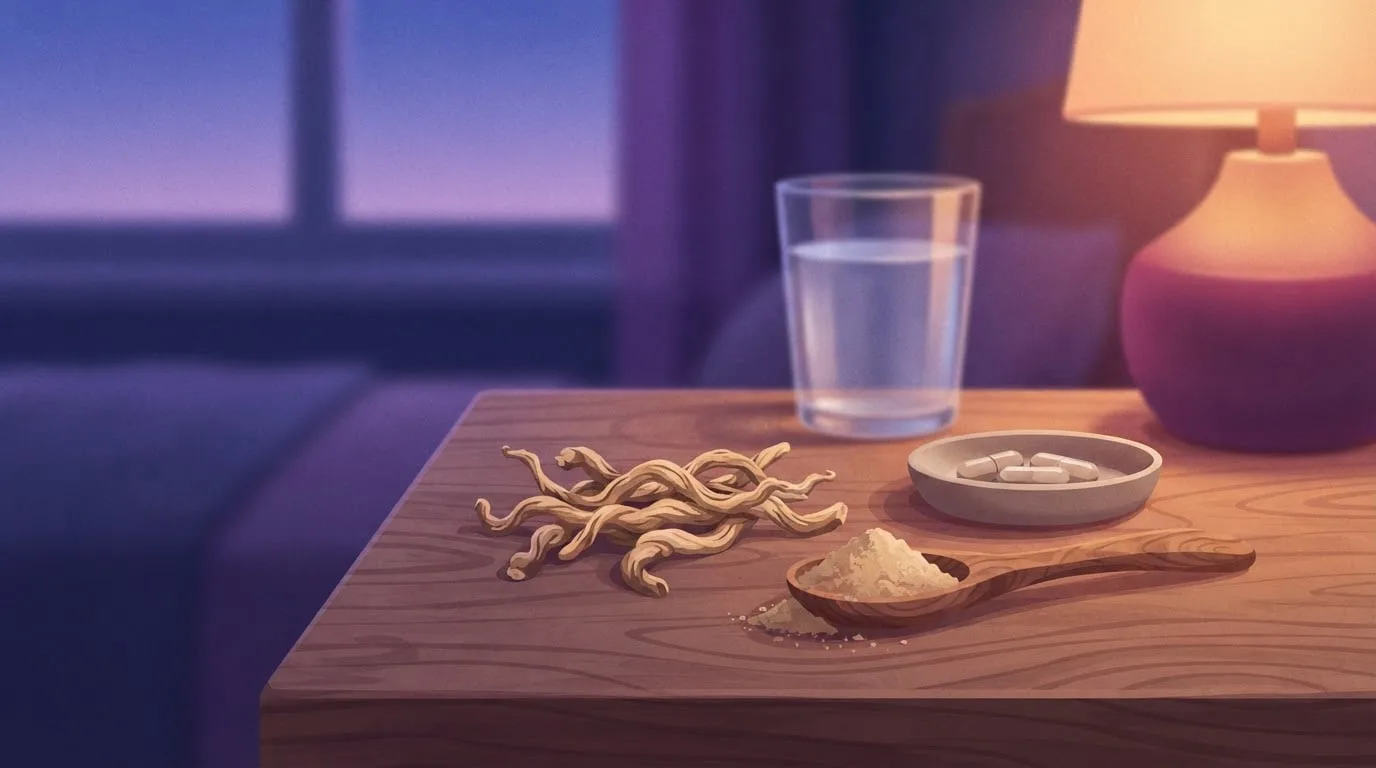 Nahaufnahme getrockneter Ashwagandha-Wurzeln, eines Holzlöffels mit Wurzelpulver und eines Schälchens mit Kapseln neben einem Glas Wasser auf einem Nachttisch im warmen Lampenlicht
