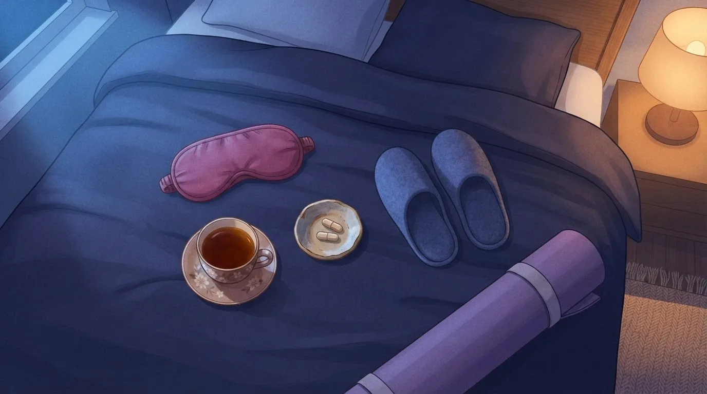 Draufsicht auf ein gemachtes Bett in der Dämmerung mit einer Schlafmaske, einer Tasse Kräutertee, einem Schälchen mit zwei Kapseln, einem Paar Hausschuhe und einer aufgerollten Yogamatte im warmen Lampenlicht