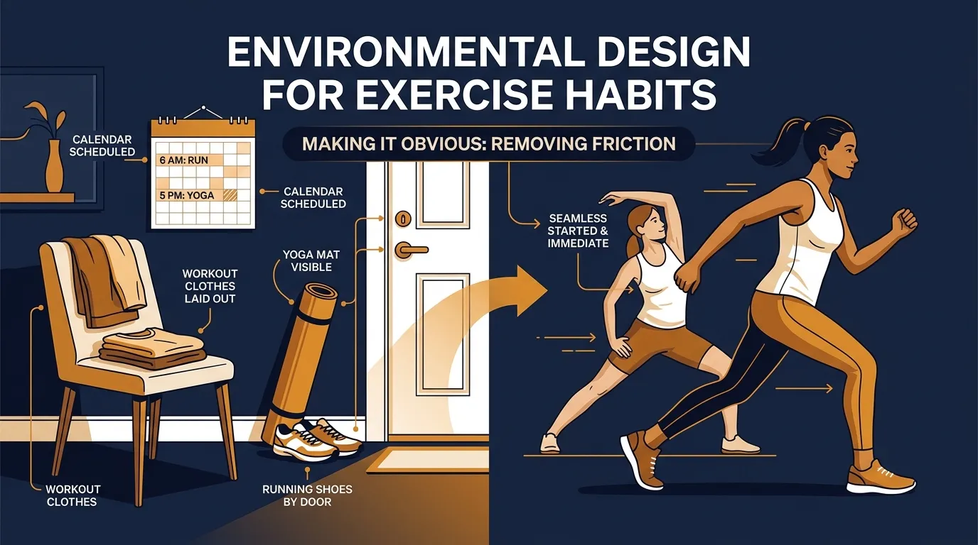 Environmental design for exercise habits showing workout clothes laid out, running shoes by the door, and calendar with scheduled workout times to make fitness cues obvious
