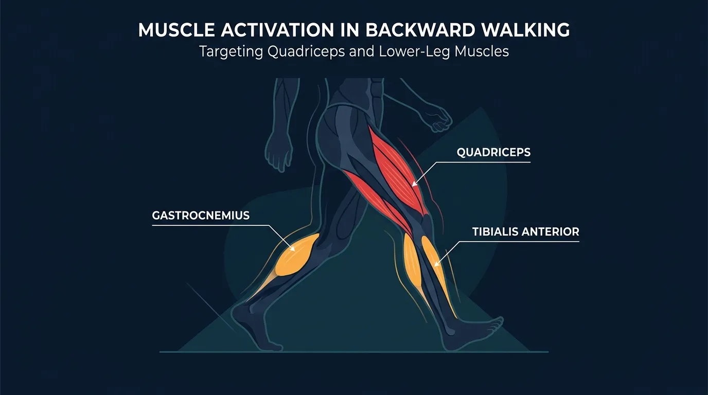 Abstract conceptual illustration of quadriceps and lower-leg muscle activation during the backward walking gait cycle showing higher eccentric workload on the front of the thigh