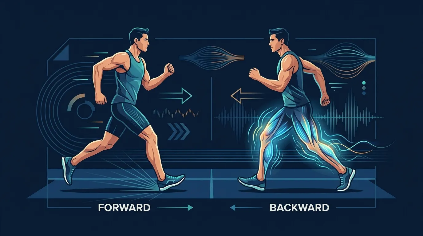 Conceptual illustration contrasting forward and backward walking gait mechanics with abstract energy lines suggesting the higher metabolic cost and altered joint loading of retro-walking