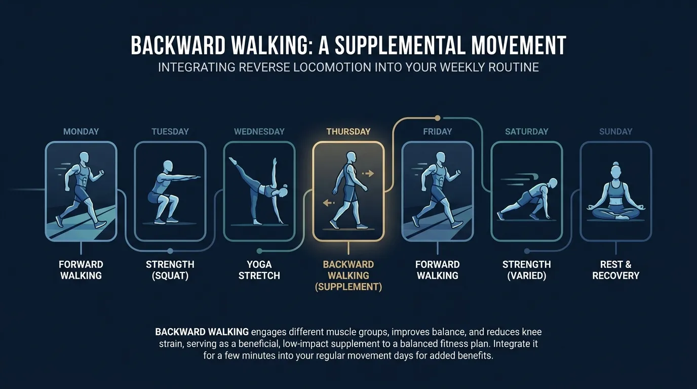 Abstract conceptual illustration of a weekly movement plan combining forward walking strength training and a small dose of backward walking as a knee-friendly low-impact supplement