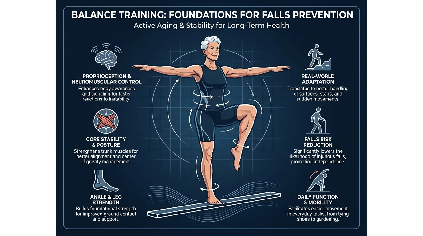 Illustrated figure performing a single leg balance pose on a navy background with directional arrows showing postural control adjustments