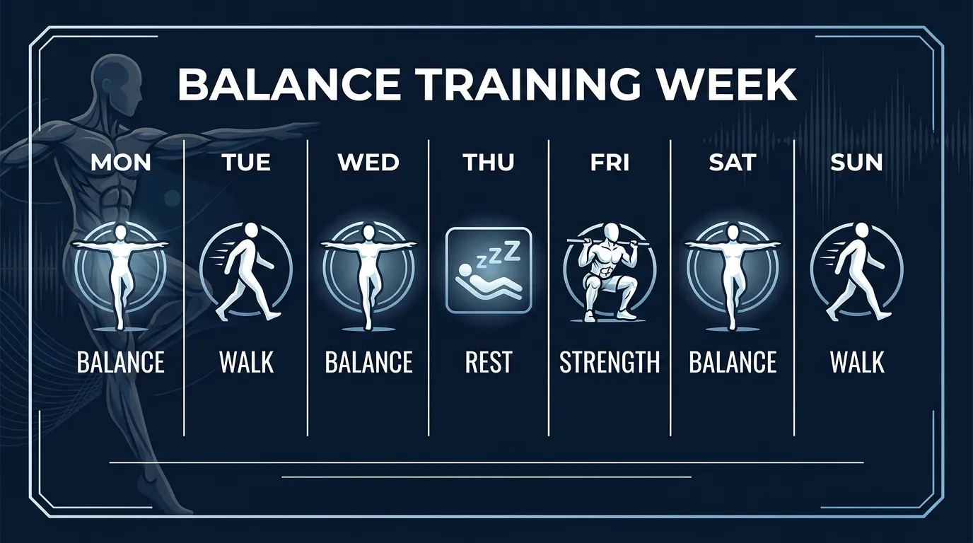 Illustrated weekly schedule showing three balance training sessions of approximately one hour each combined with strength sessions and walking days on a dark navy background