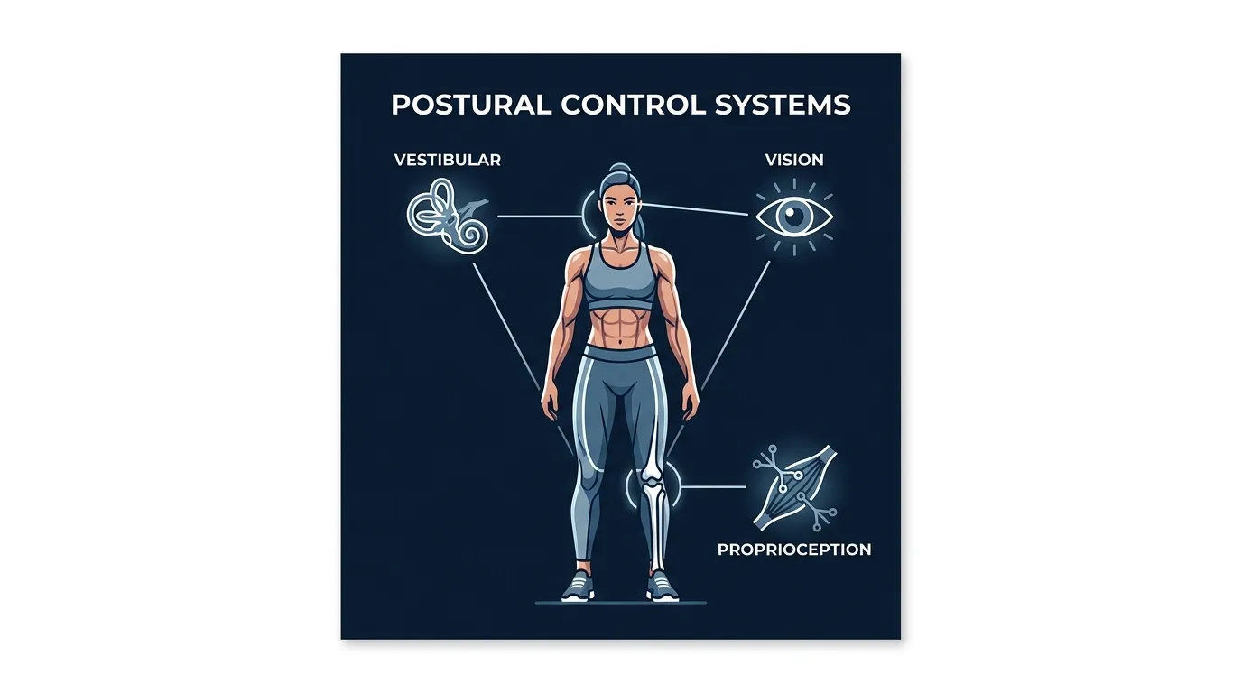 Illustrated diagram showing multiple postural control systems including vestibular inner ear proprioception and vision converging on the spine and legs of a navy figure