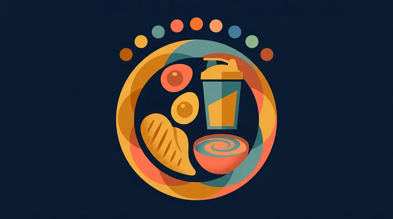 Konzeptionelle Illustration einer proteinreichen Mahlzeit (Hähnchen, Eier, Molkenshake, griechischer Joghurt), die den vollständigen essenziellen Aminosäurepool liefert, neben einem kleineren BCAA-Löffel, der nur drei Aminosäuren liefert