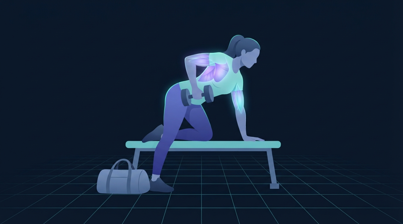 Illustration einer Person, die sich auf einer Bank kniet, um ein einarmiges Kurzhantelrudern neben einer Sporttasche auszuführen, stellvertretend für einen festen wöchentlichen Trainingszeitraum