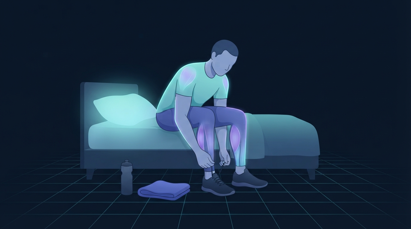 Illustration einer Person, die nachts am Bettrand sitzt und sich hinunterbeugt, um einen Trainingsschuh neben einer Wasserflasche und einem gefalteten Handtuch zu schnüren, zeigt, wie spätes Training mit dem Schlaf zusammenwirkt