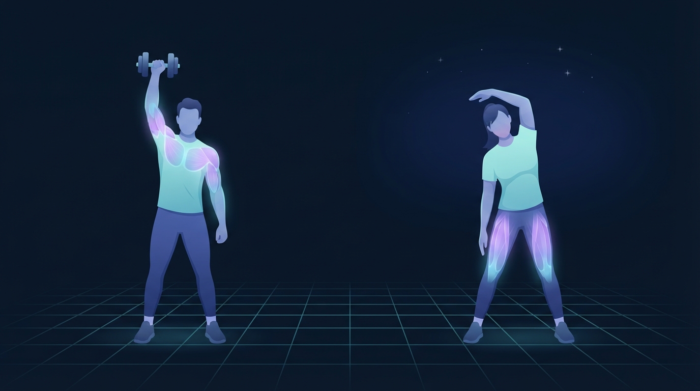 Illustration, die eine Person beim Überkopfdrücken einer Kurzhantel links einer Person zeigt, die rechts unter einem Sternenhimmel eine seitliche Dehnübung im Stehen macht, und die Frage nach Morgen- gegenüber Abendtraining darstellt