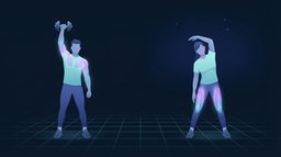Illustration, die eine Person beim Überkopfdrücken einer Kurzhantel links einer Person zeigt, die rechts unter einem Sternenhimmel eine seitliche Dehnübung im Stehen macht, und die Frage nach Morgen- gegenüber Abendtraining darstellt