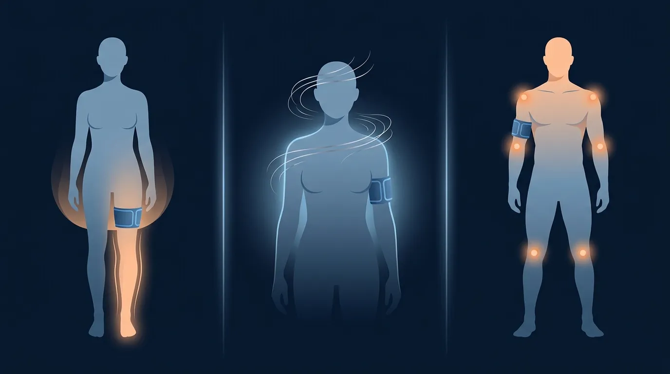 Abstract conceptual illustration of three BFR use-cases rehabilitation older adults and joint-vulnerable training without specific numbers or text