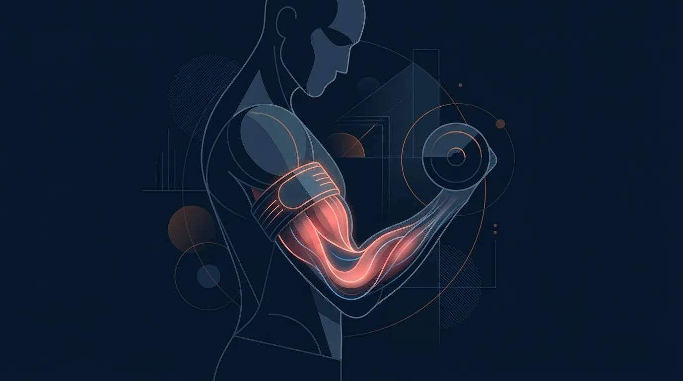 Conceptual illustration of a pneumatic blood flow restriction cuff on the upper arm with stylized indicators of partially restricted venous return during a light-load biceps curl