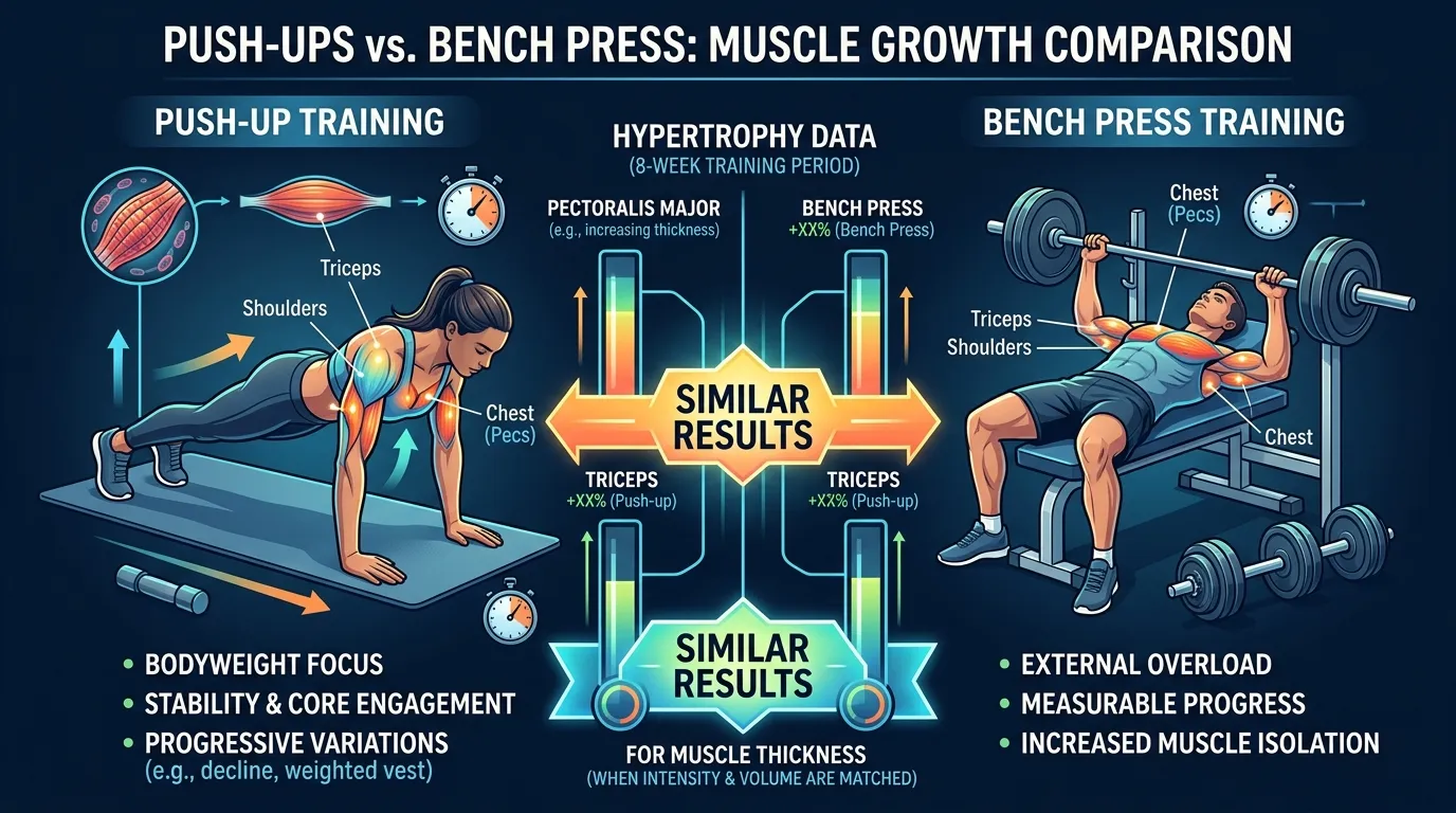 Infographic comparing push-ups versus bench press showing similar muscle hypertrophy gains in pectoralis major and triceps over 8 weeks of training