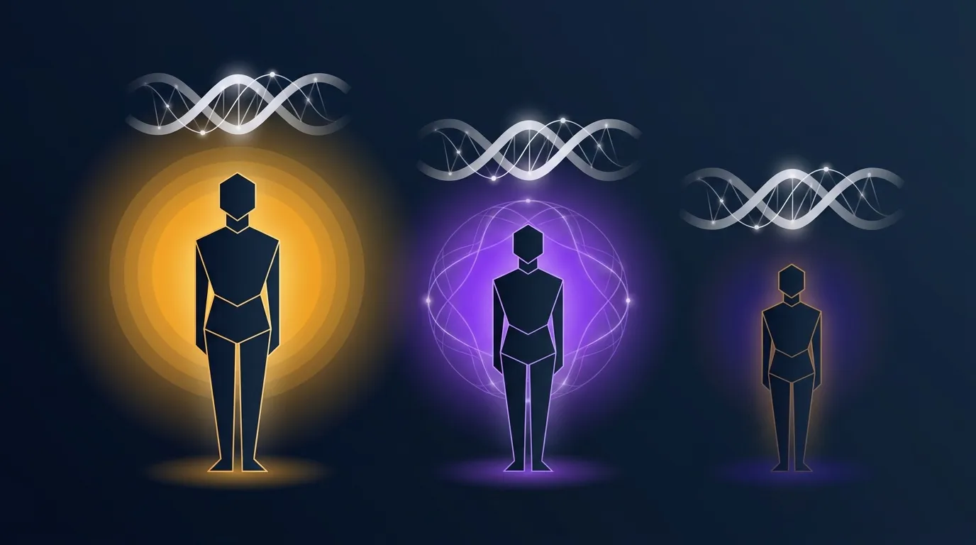 Konzeptuelle Illustration, die verschiedene Personen mit unterschiedlichen Reaktionen auf Koffein zeigt, einschließlich genetischer Faktoren und Schlafzustand als Einflussgrößen auf die Leistung
