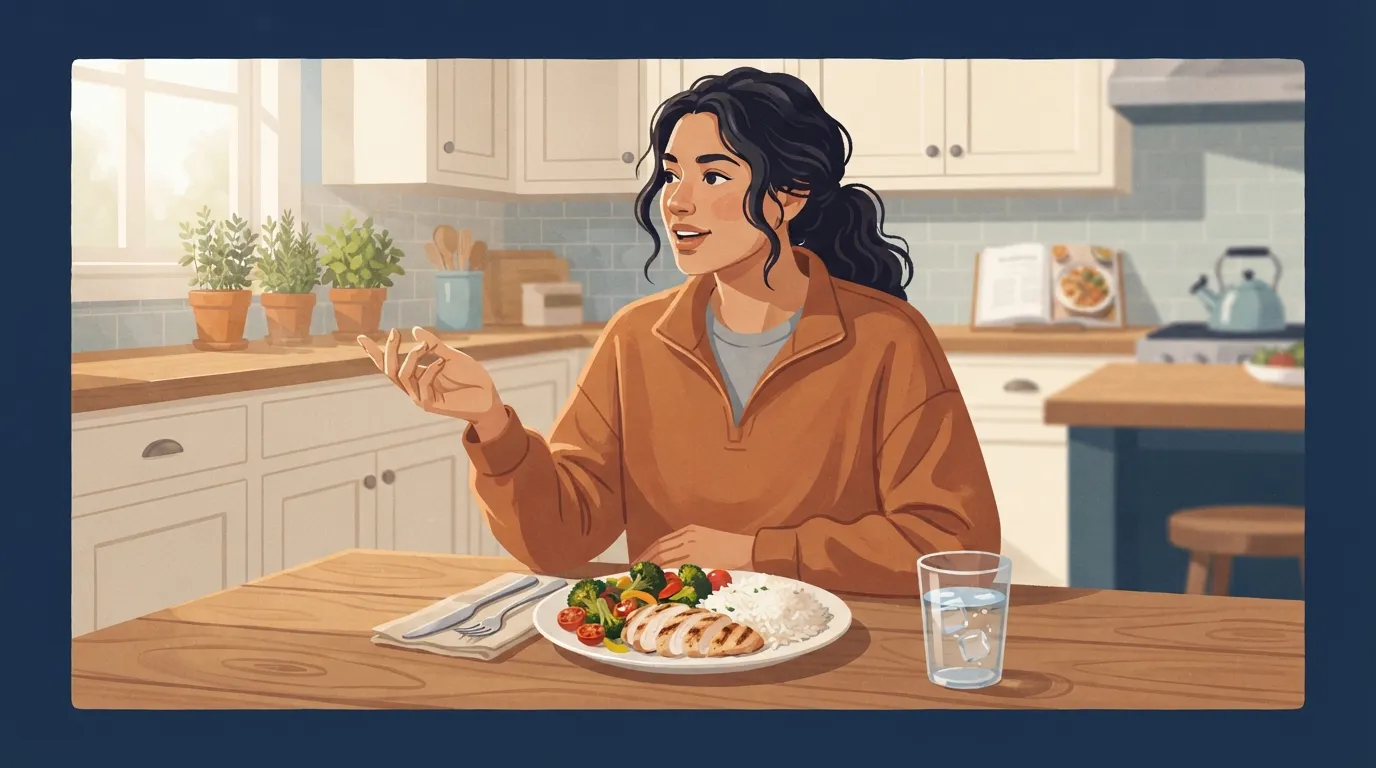 Ilustración de un adulto sentado en una mesa de cocina de madera con un plato de arroz, pollo y verduras bajo luz cálida de la mañana, mostrando una comida de día de entrenamiento alta en carbohidratos