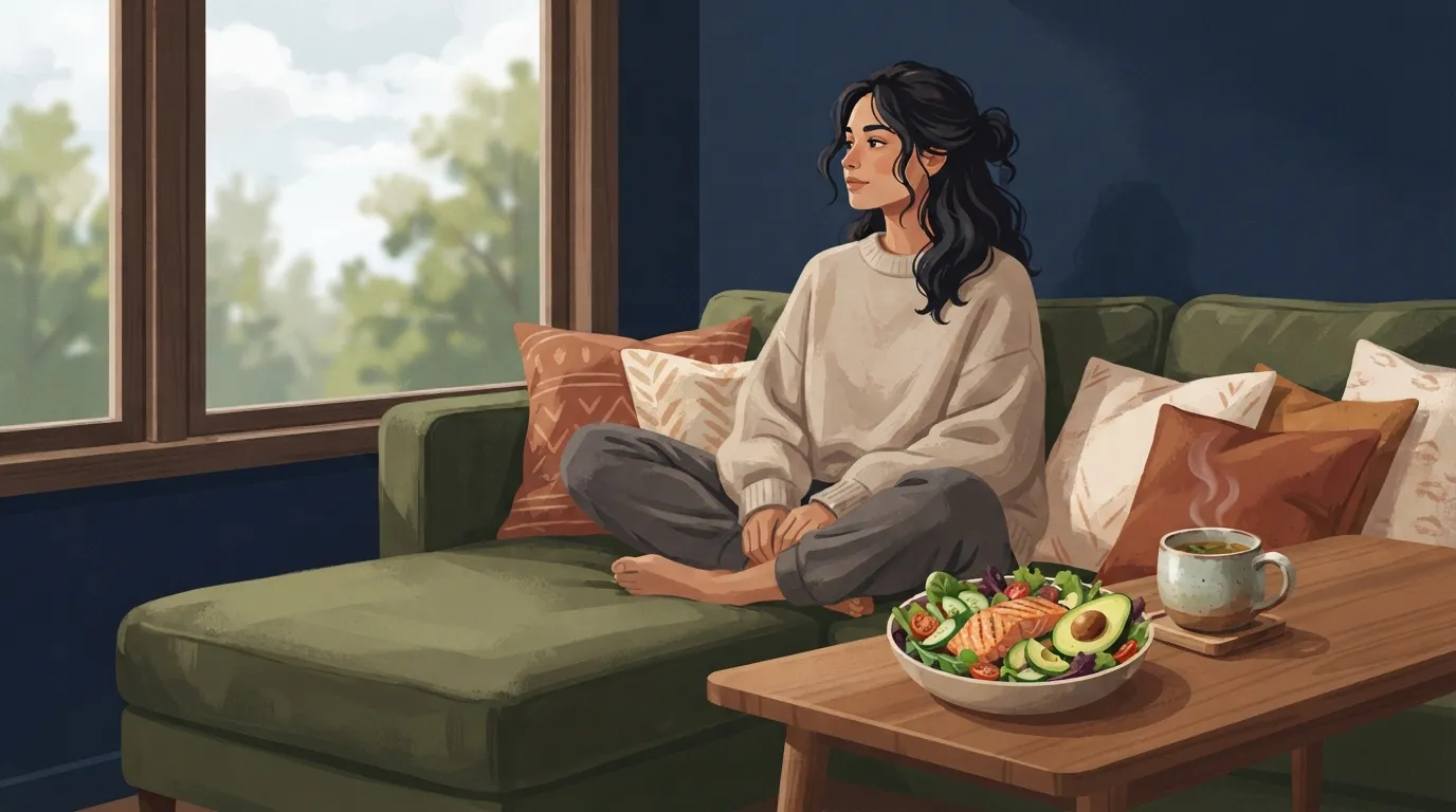 Ilustración de un adulto sentado con las piernas cruzadas en un sofá junto a una ventana luminosa, con un tazón de ensalada y pescado a la parrilla en la mesa de café al lado, mostrando una comida de día de descanso baja en carbohidratos