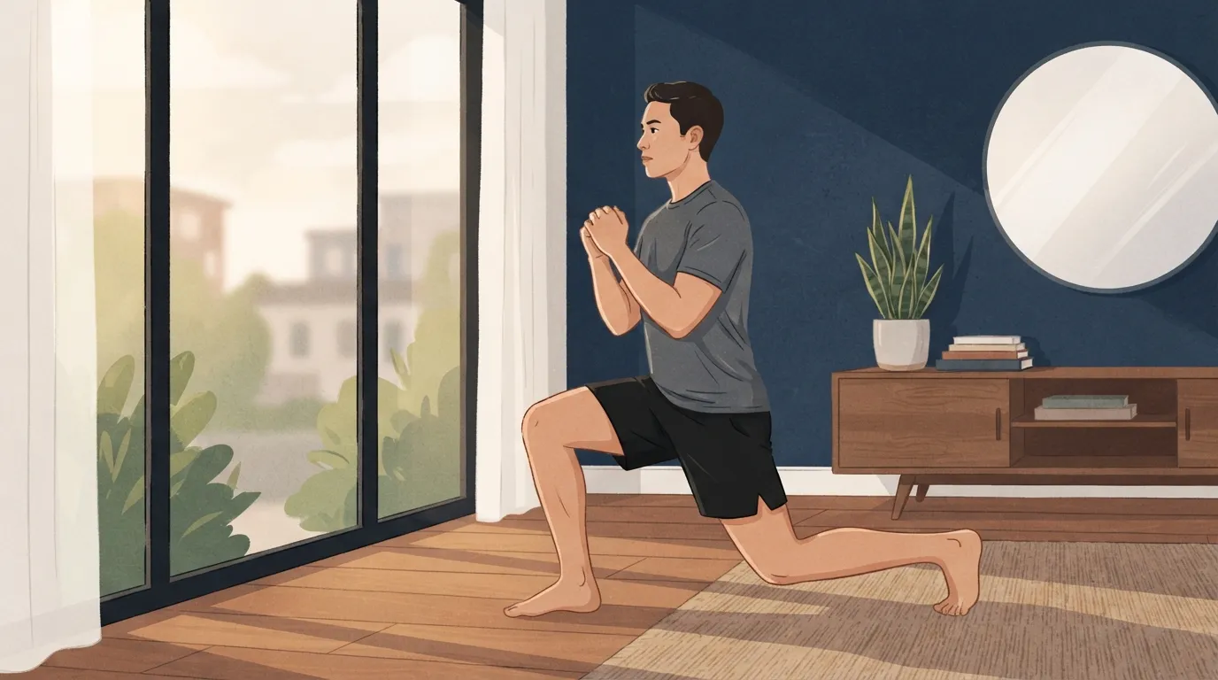 Ilustración de un adulto realizando una zancada con peso corporal sobre un piso de madera en una sala de estar, glúteos y cuádriceps activados, con luz natural de ventana detrás