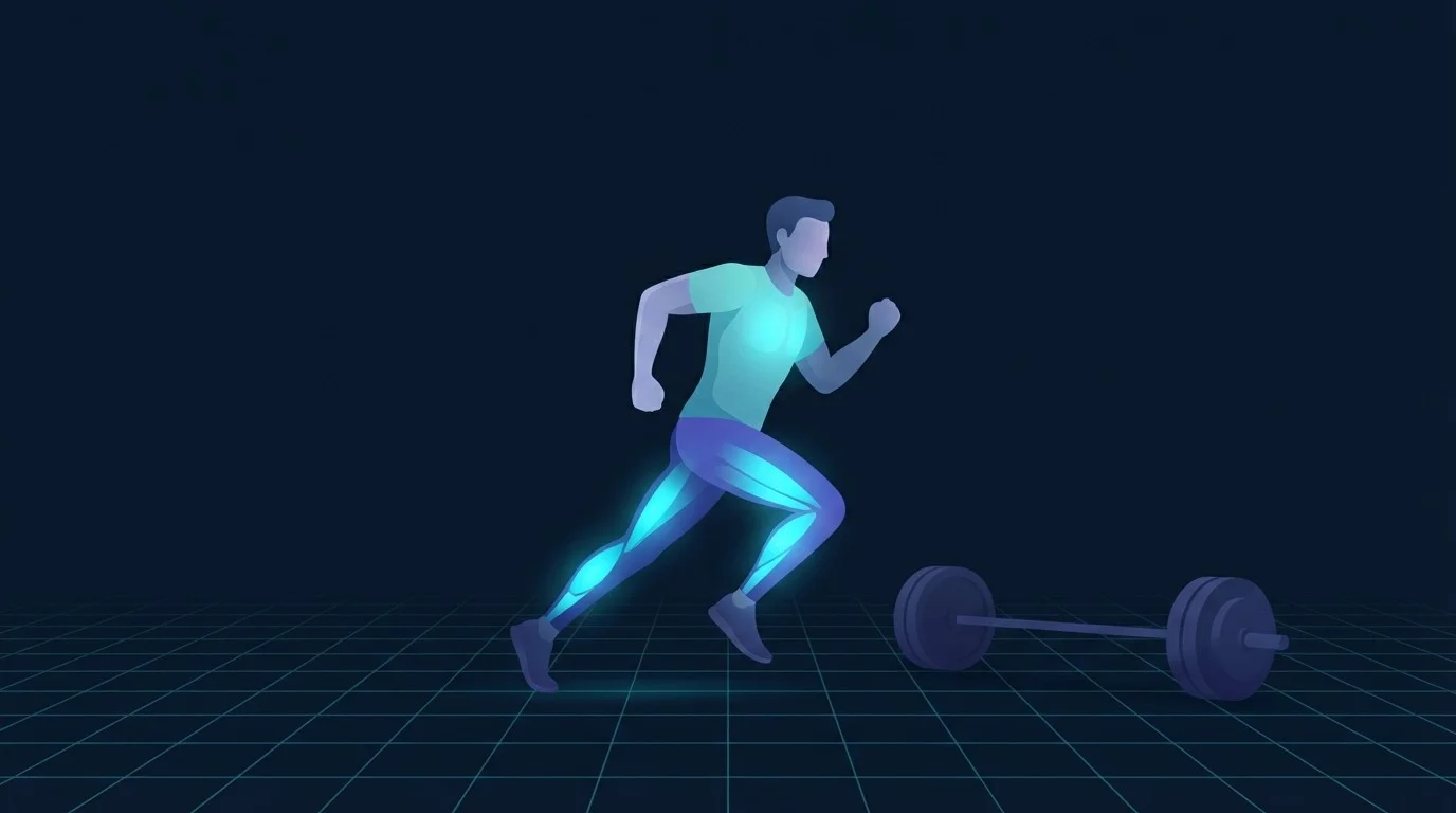 Ilustración de una persona corriendo a media zancada, con las pantorrillas y el pecho iluminados, mientras una barra cargada espera sin usar detrás, mostrando el orden con cardio primero para quienes tienen el rendimiento aeróbico como objetivo principal