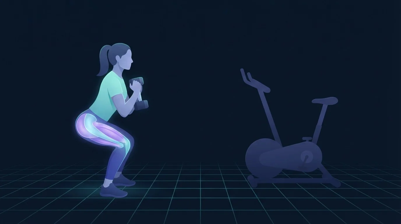 Ilustración de una persona a media sentadilla con una mancuerna, con los cuádriceps y los glúteos iluminados, mientras una bicicleta estática sin usar espera detrás, mostrando el orden con fuerza primero que favorece la investigación sobre entrenamiento concurrente