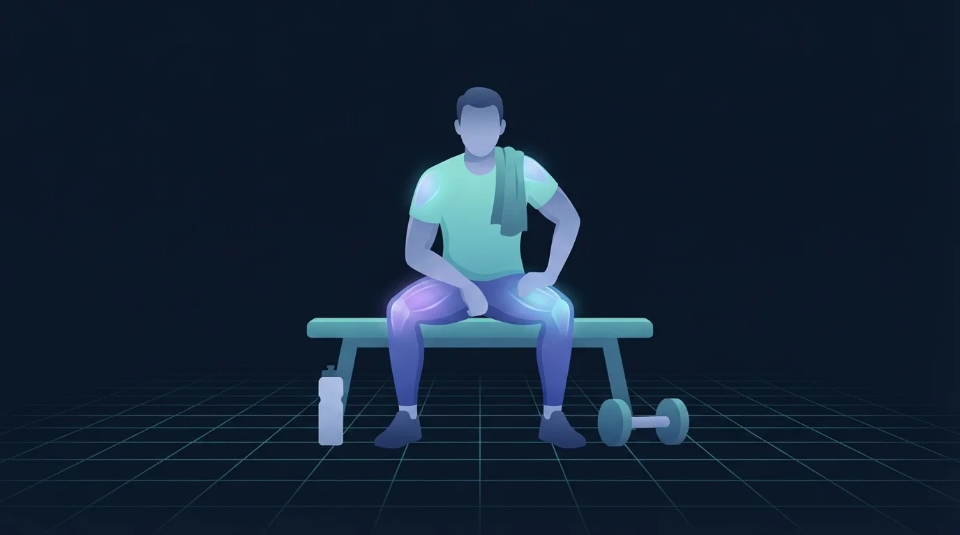 Ilustración de una persona descansando en un banco entre bloques de entrenamiento, con una botella de agua y una mancuerna cerca, con los muslos y hombros iluminados para mostrar el músculo recuperándose, representando el intervalo de recuperación entre el cardio y las pesas