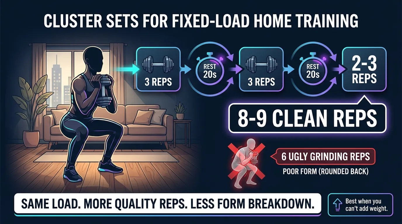 Concept illustration of a home lifter using dumbbells with rest breaks between rep groups, showing cluster set application to fixed-load home training
