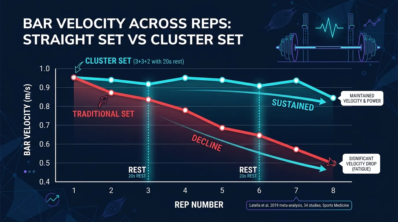 Concept illustration showing bar velocity dropping across reps in a traditional straight set versus staying flatter across a cluster set