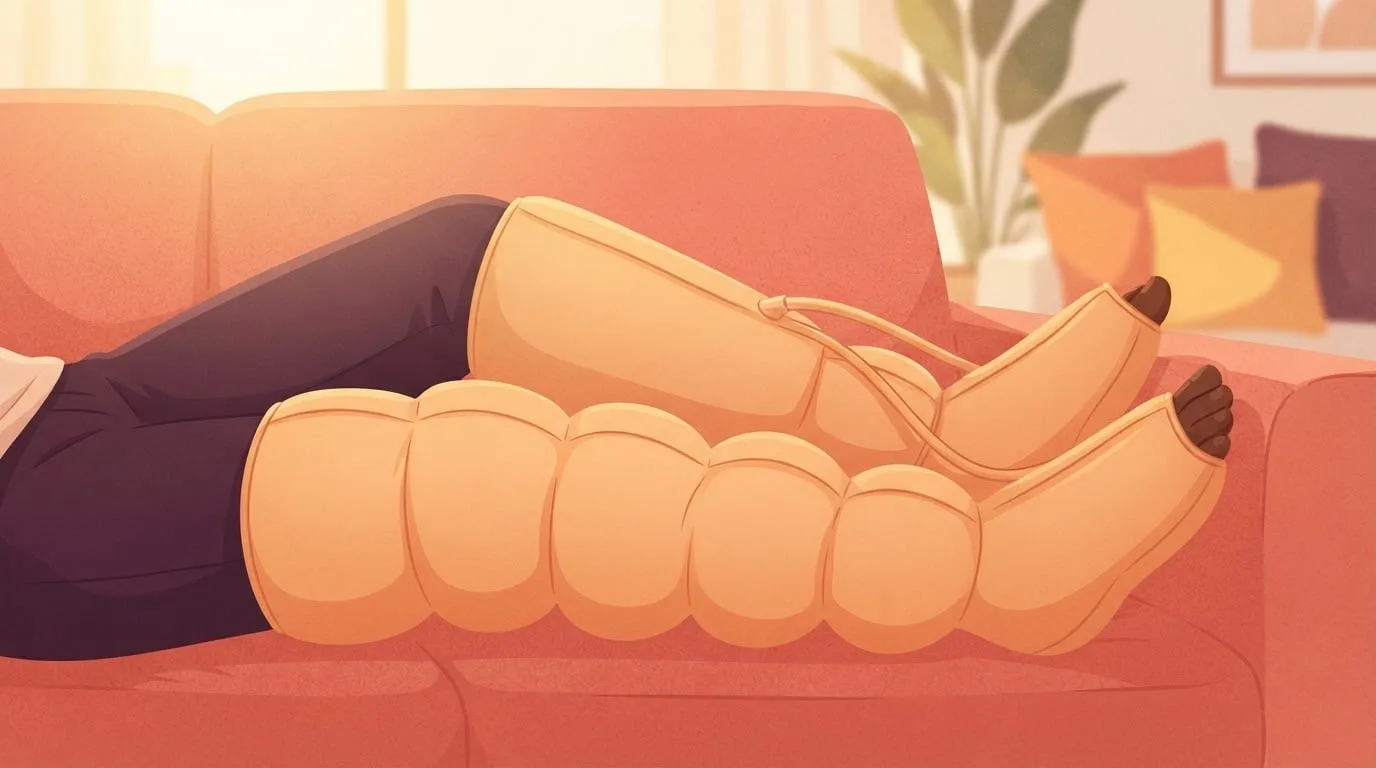 Close-up of a man's lower legs lying on a coral sofa inside inflatable compression sleeves, the rounded air chambers around the calves puffed up in warm sunrise light