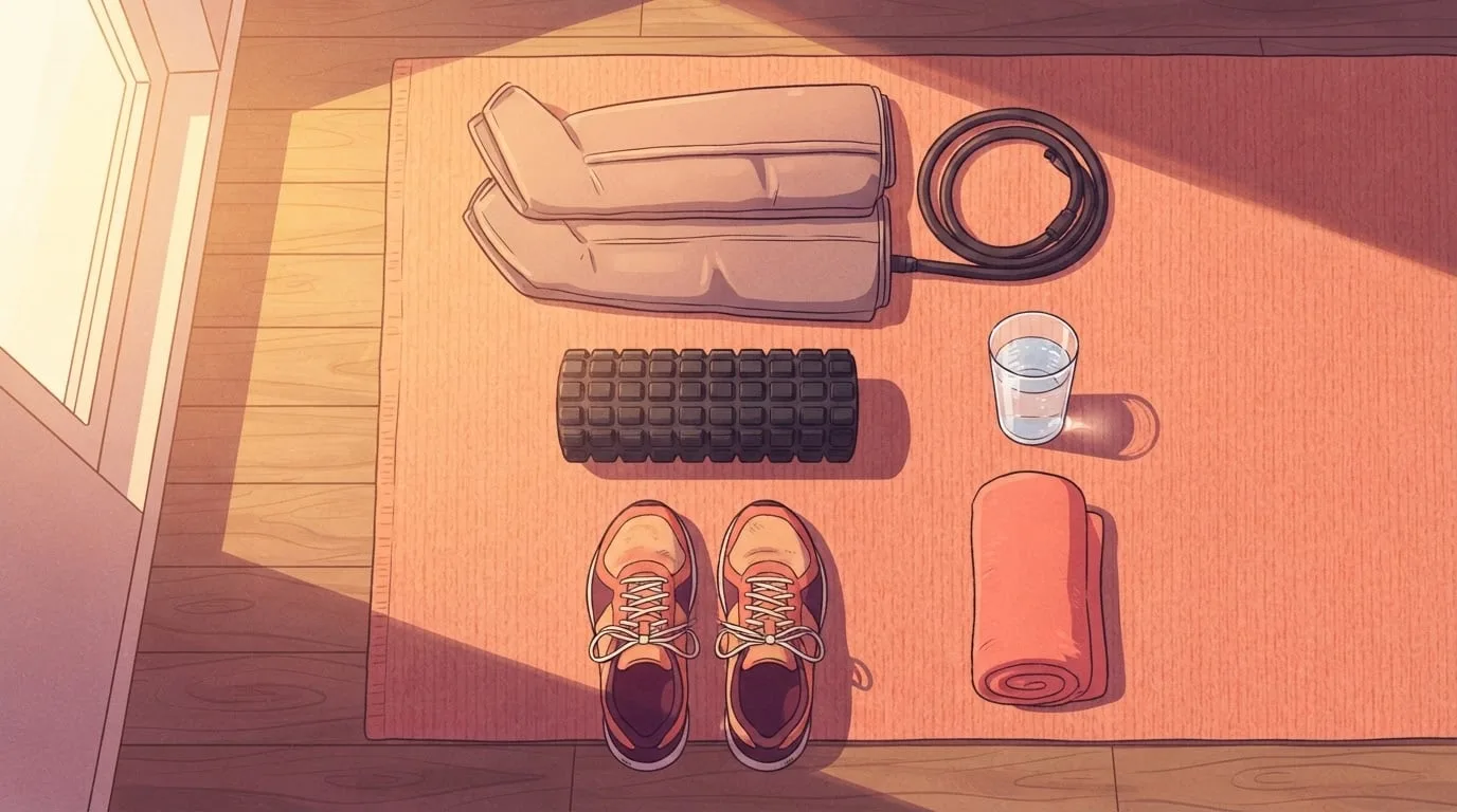 Overhead view of folded compression boot sleeves with a coiled hose, a foam roller, a glass of water, a rolled towel and running shoes on a peach rug in sunrise light