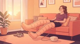 A woman relaxing on a coral sofa at sunrise with both legs in inflatable compression boots connected by a hose to a small pump on the rug, running shoes beside her