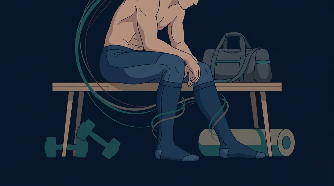 Ilustração conceitual de um atleta usando calças e mangas de compressão durante a recuperação pós-exercício, com indícios visuais sutis sugerindo melhora do retorno venoso e redução da oscilação muscular