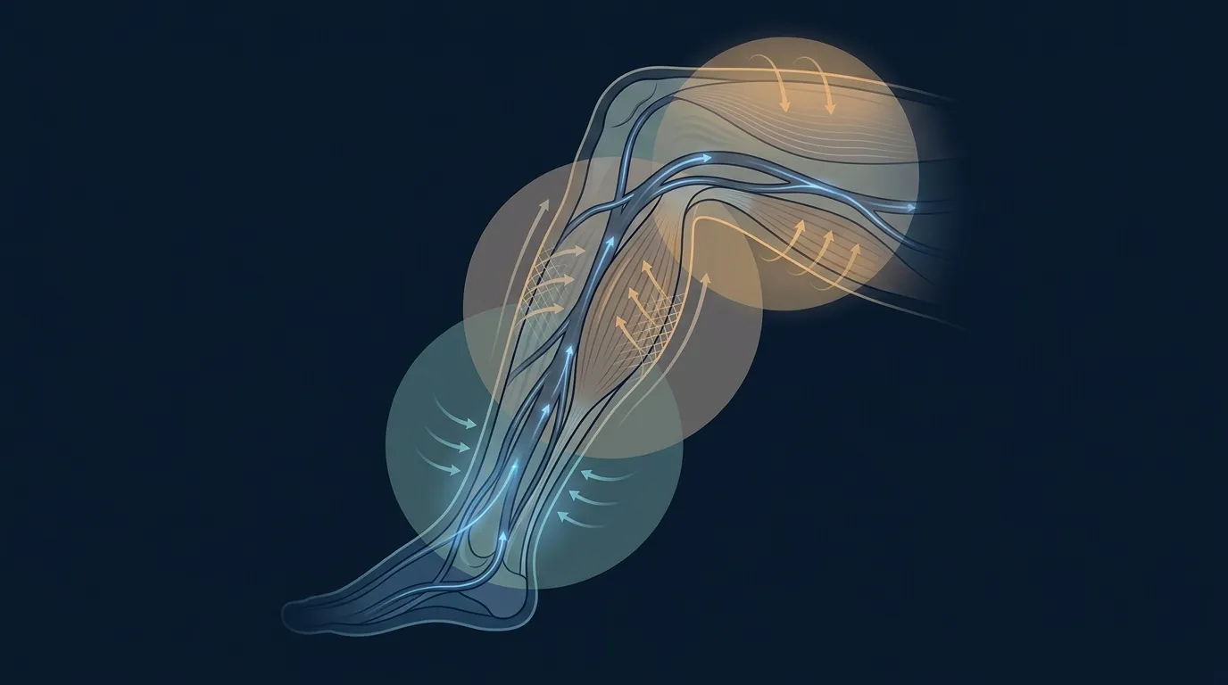 Visualização conceitual dos mecanismos propostos de ação das roupas de compressão: pressão graduada auxiliando o retorno venoso, redução da oscilação muscular e redução modesta da inflamação pós-exercício