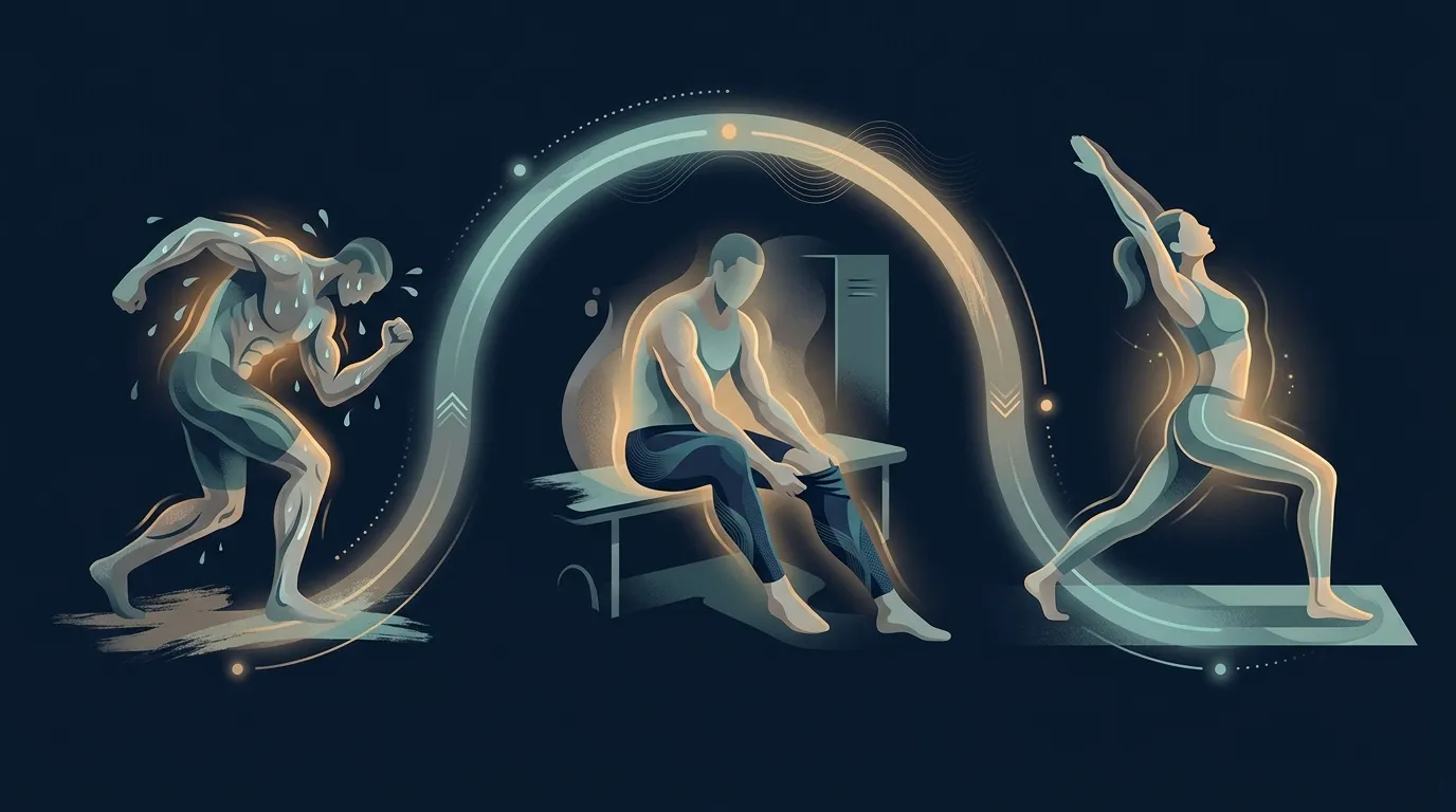 Visualização conceitual de um protocolo de roupas de compressão pós-treino mostrando a janela de uso de 24 horas, desde imediatamente após uma sessão intensa até o período de recuperação do dia seguinte