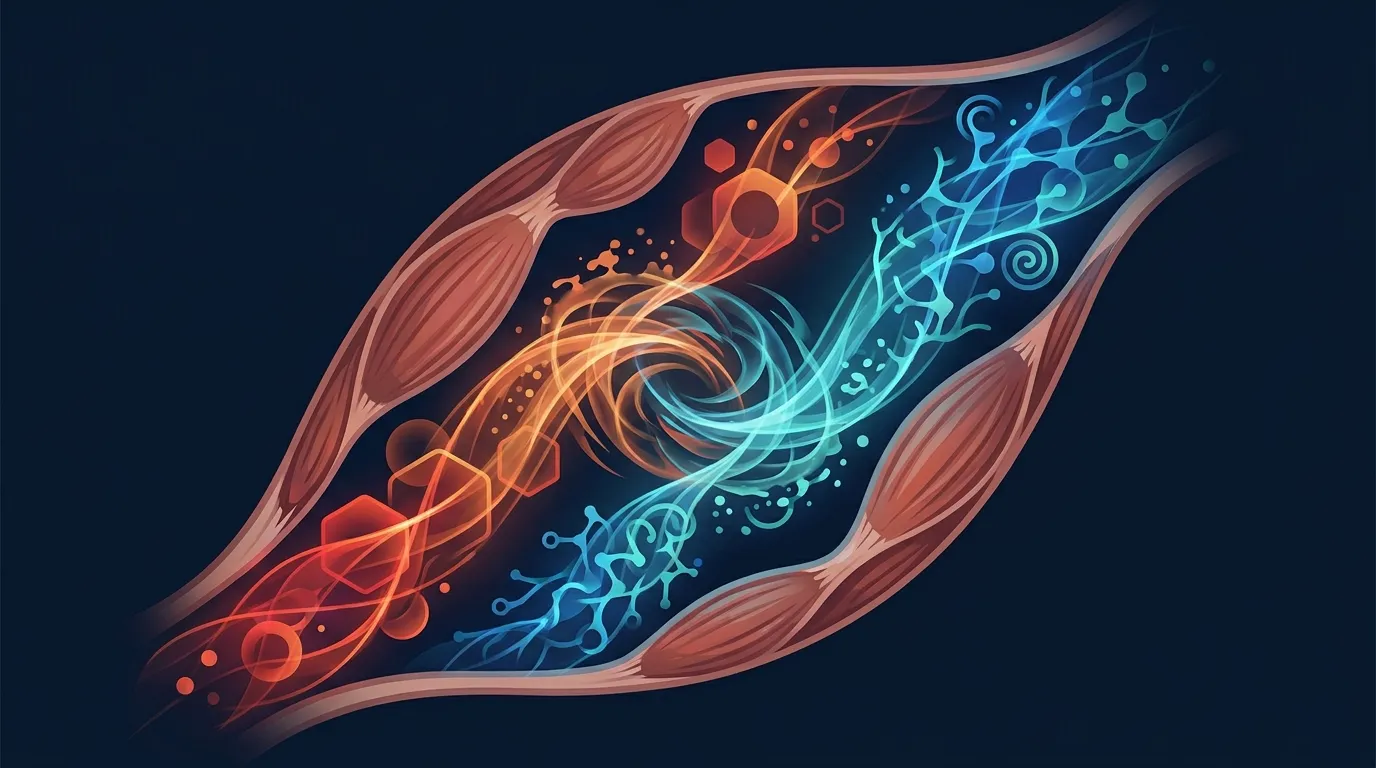 Editorial illustration showing two competing molecular signaling pathways in muscle: mTOR activated by resistance training driving hypertrophy, and AMPK activated by endurance training driving mitochondrial adaptation