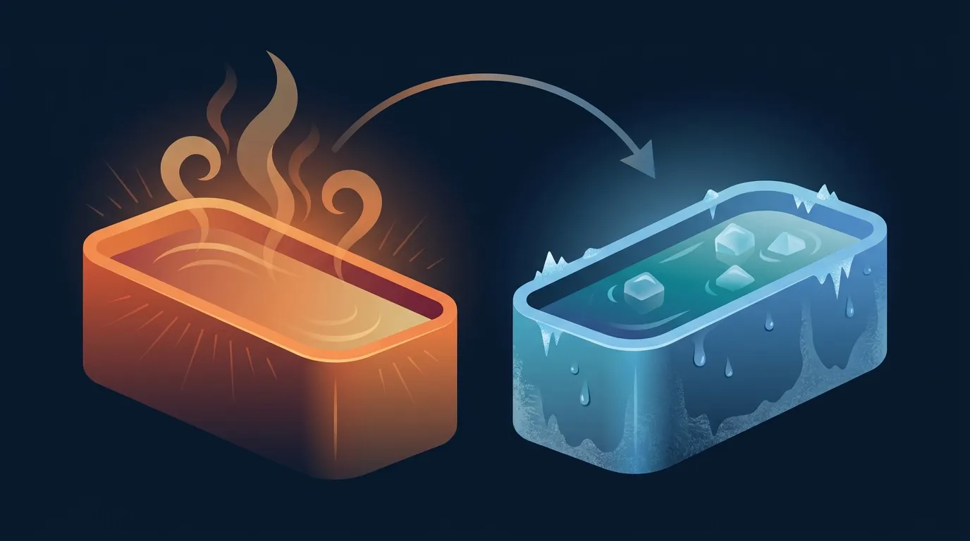 Ilustração conceitual de banhos de água quente e fria alternados lado a lado, simbolizando o ciclo de vasoconstrição e vasodilatação que define a terapia de contraste com água