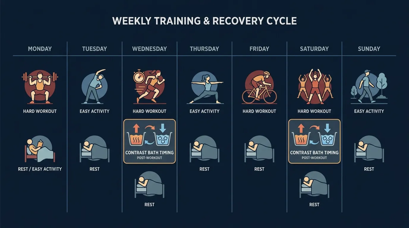 Visualização conceitual de um mapa semanal de treino mostrando onde a terapia de contraste com água se encaixa entre dias de treino difíceis versus dias fáceis sem levantamento