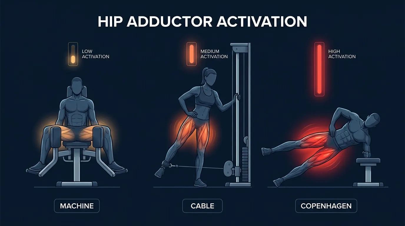 Ilustração conceitual comparando a ativação muscular dos adutores do quadril entre uma máquina sentada, a adução em cabo em pé e a prancha Copenhague, com a prancha Copenhague mostrando o maior sinal de ativação