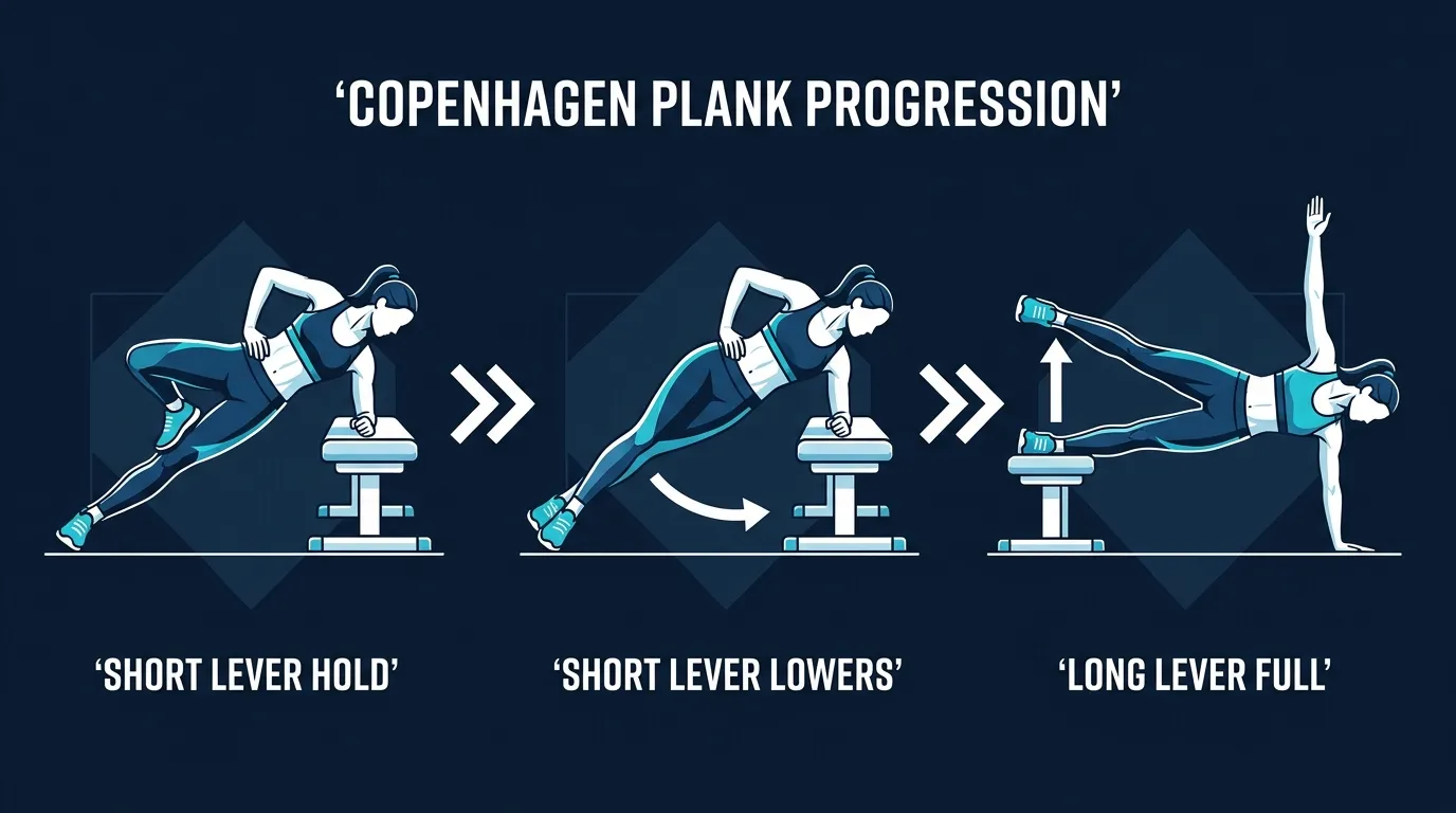 Ilustração conceitual de uma progressão da prancha Copenhague, da sustentação isométrica de alavanca curta com o joelho no banco, passando pelas descidas excêntricas de alavanca curta, até a versão clássica de alavanca longa apoiada no tornozelo