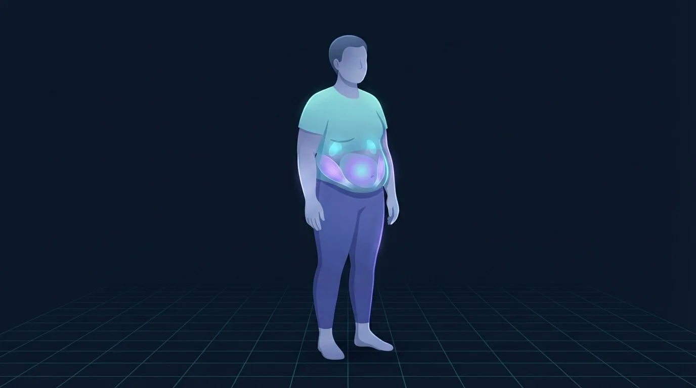 Illustration einer Person mit zentralem Bauchfett, das tief hinter der Bauchdecke leuchtet und zeigt, wo das mit Cortisol-Bauch assoziierte viszerale Fett tatsächlich gespeichert wird