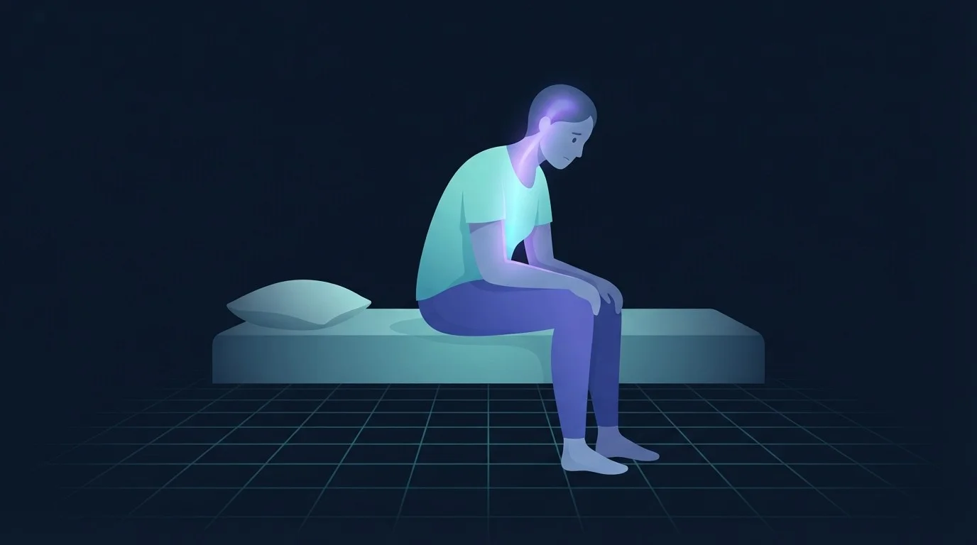 Illustration einer müden Person, die nachts wach auf der Bettkante sitzt: das Muster aus anhaltendem Stress und kurzem Schlaf, das am stärksten mit einer Zunahme des viszeralen Bauchfetts verknüpft ist