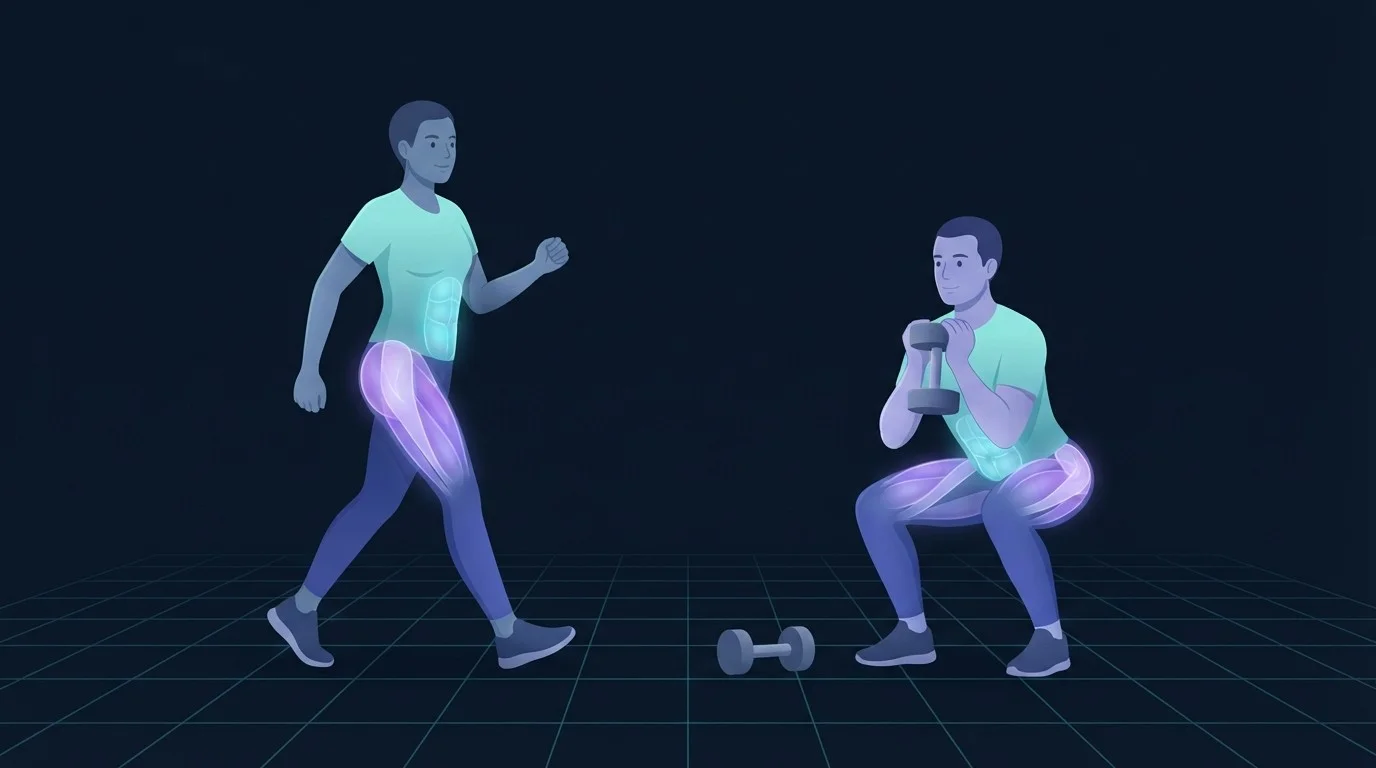 Illustration of two adults reducing abdominal fat through brisk walking and a dumbbell squat, with the core, glutes, and thighs highlighted as the working muscle groups