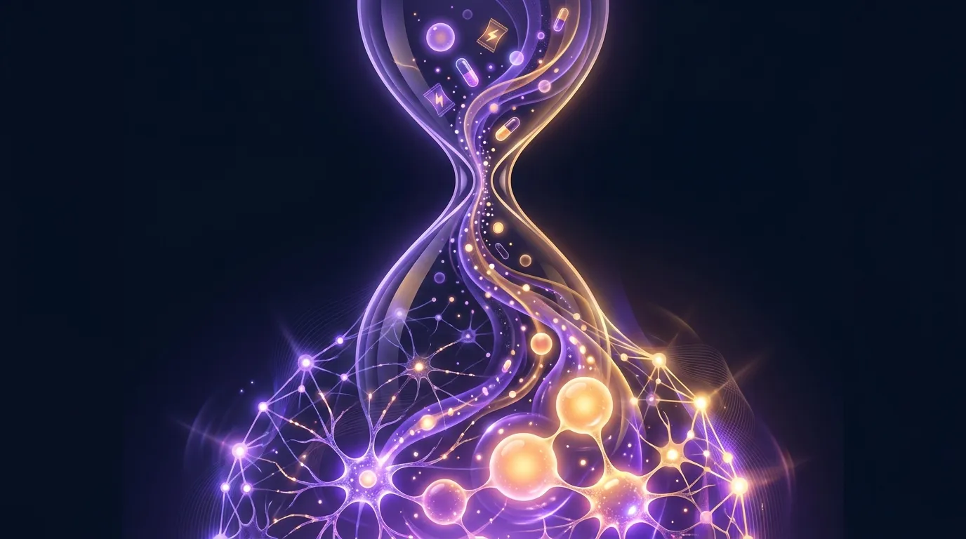 Ilustração editorial conceitual de um protocolo diário de creatina com recuperação de energia cerebral ao longo do tempo