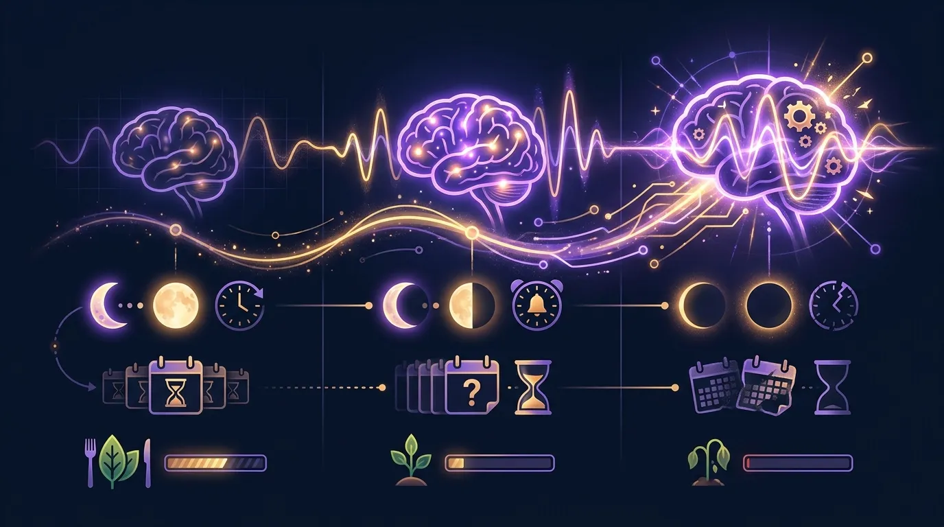 Visualização conceitual mostrando os efeitos cognitivos mais fortes da creatina sob estresse metabólico como privação de sono, envelhecimento e dieta vegetariana