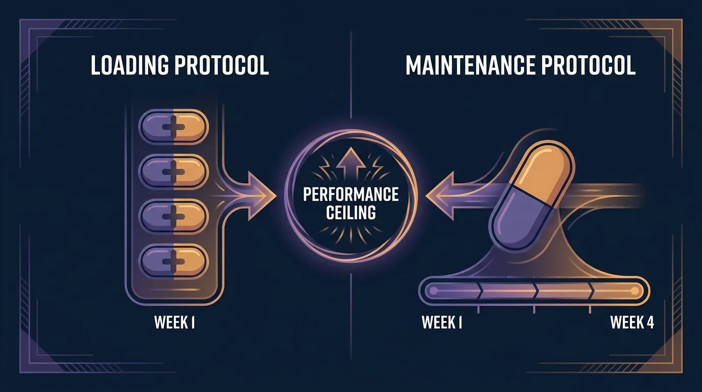 Conceptual visualization of two creatine dosing protocols side by side, one fast loading and one slow maintenance, both converging at the same performance benefit