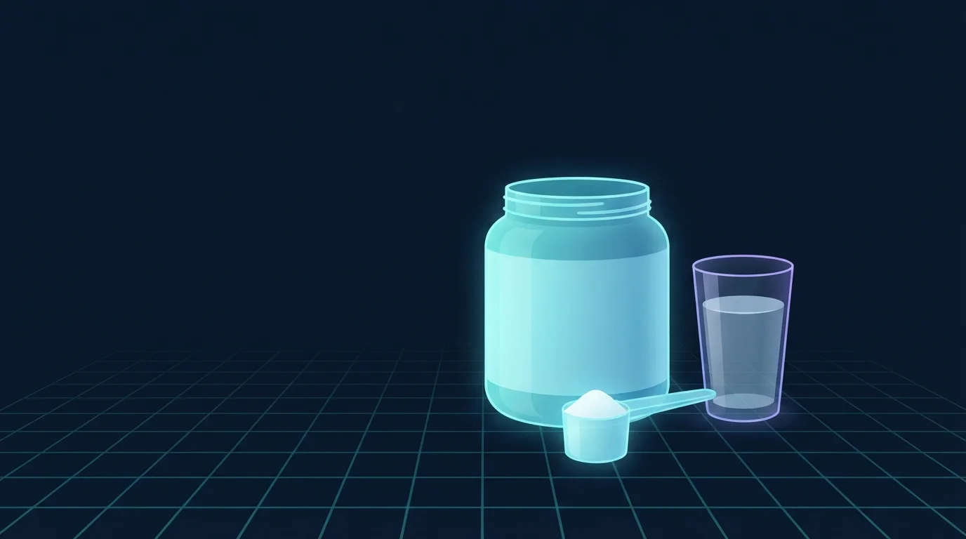 Illustration einer unbeschrifteten Supplement-Dose mit einem gestrichenen Messlöffel weißen Pulvers, der cyanfarben auf einer Bodenraster-Fläche leuchtet, mit einem Glas Wasser daneben, das eine einfache Tagesdosis zeigt