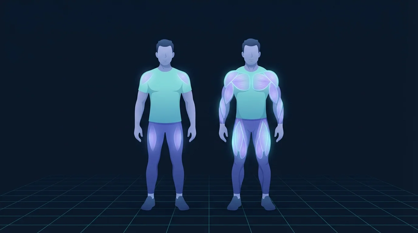 Illustration zweier gleich großer Figuren in identischer Kleidung, die nebeneinander stehen, wobei die rechte Figur sichtbar mehr Muskeln an Schultern, Brust und Oberschenkeln trägt, wobei diese Muskelgruppen bei der linken Figur schwach und bei der rechten hell leuchten
