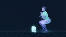 Illustration eines Erwachsenen in der Mitte einer Kniebeuge, der eine Kurzhantel vor der Brust hält, mit leuchtenden Quadrizeps und Gesäßmuskeln, und einer unbeschrifteten Supplement-Dose mit Messlöffel, die daneben auf dem Boden leuchtet