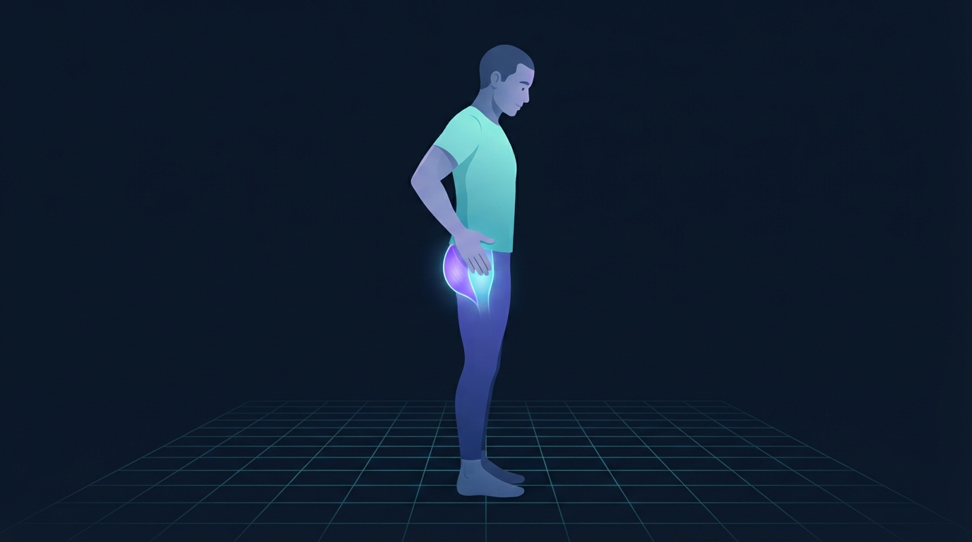Stilisierte Illustration einer Person, die seitlich steht, mit einer Hand auf den knöchernen Punkt an der Außenseite der Hüfte gedrückt, wobei die Sehnen von Gluteus medius und minimus leuchten