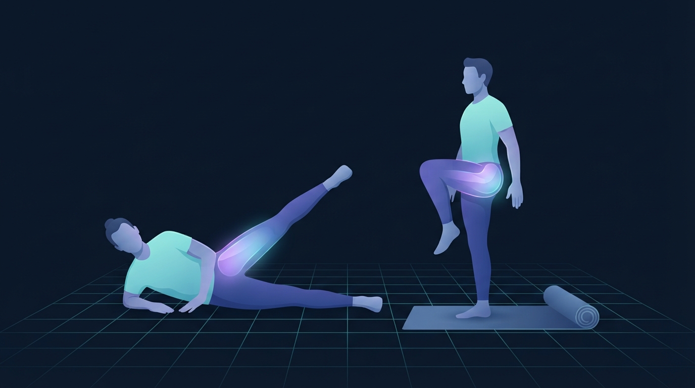 Stilisierte Illustration einer Figur, die eine seitliche Hüftabduktion ausführt, neben einer Figur, die im Einbeinstand balanciert, wobei die arbeitenden Hüftmuskeln in beiden leuchten
